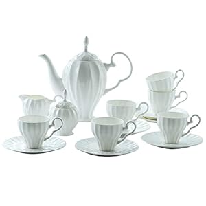 15 Pieces Porcelain Tea Set Coffee Cup and Saucer Sets,Tea Service for 6, Wedding Teapot Sugar Bowl Cream Pitcher, China Coffee Set, White