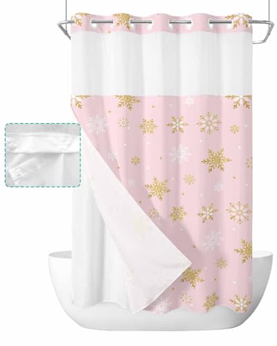 Image of Teamery No Hook Shower Curtain, Christmas Snowflakes Winter Gold White Curtain Liner Set See-Through Top Double Layers Fabric Shower Curtains for Bathroom Decor, 36" x 72"
