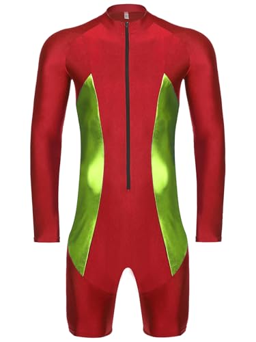 easyforever Men's Color Block Long Sleeve Boyleg Swimsuit Front Zipper One Piece Bathing Suits3