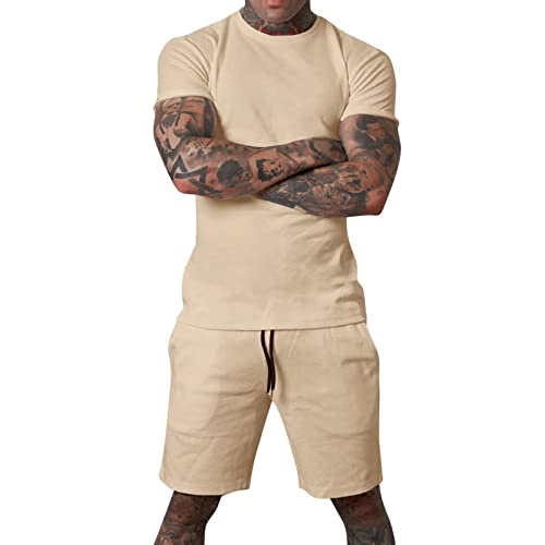 Uni Clau Mens Short Sets 2 Piece Outfits Fashion Summer Tracksuits Casual Shirt And Shorts Set Khaki 2Xl #TOP3