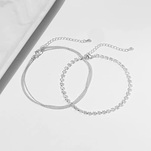 Jecomy Dainty Anklet For Women Silver Anklet Waterproof Ankle Bracelets Layered Cubic Zirconia Rhinestone Anklet Cute Beaded Tennis Cz Link Chain Anklets Jewelry Gift For Girls #TOP4