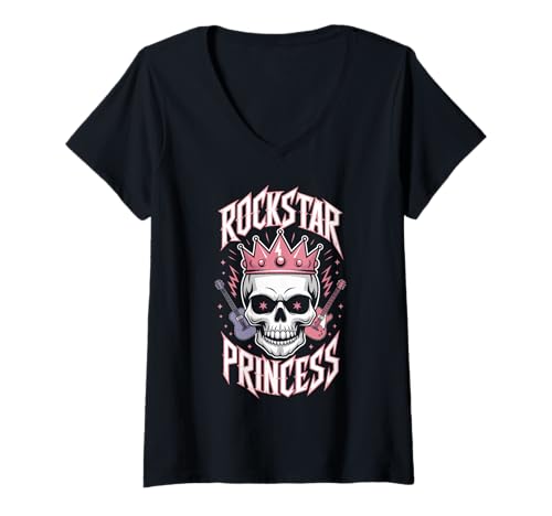 Donna Rockstar Princess Cute Girl Rock Band Skull chitarra regalo Maglietta con Collo a V
