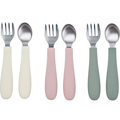 WeeSprout Toddler Utensils, 3 Forks & 3 Spoons, 18/8 Stainless Steel & Food Grade Silicone, Thick Easy-Grip Handles, Perfect Length For New Self Feeders, Gentle On Gums & Teeth, Dishwasher Safe