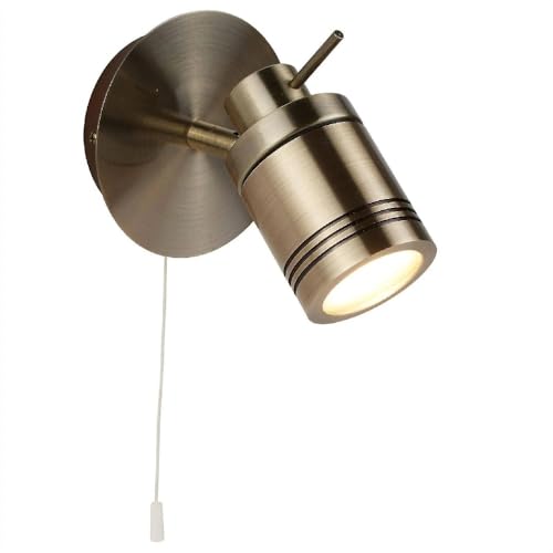 Britalia Antique Brass Bathroom 1 Lamp Adjustable Switched Spot Light | 10cm Wide | IP44 Rating | Cylindrical Head | 1 x GU10 Lamp Required | 240V UK | Stainless Steel | Pull Cord Switch