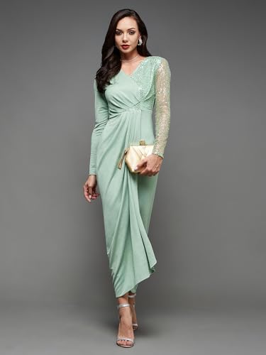 Image of Miss Chase Women's Fit and Flare Full Length Pleated V-Neck Full Sleeve Dress