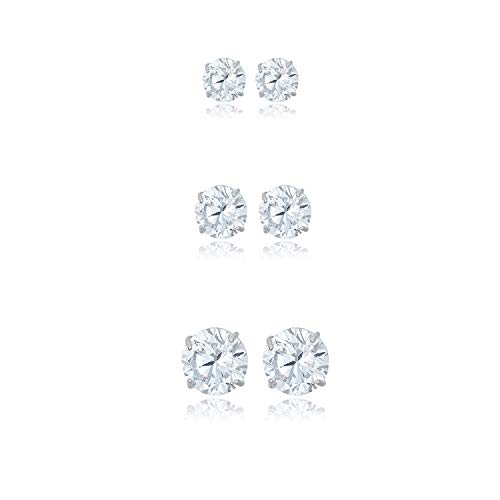 AVORA 3-pair 10K White Gold Round Simulated Diamond CZ Stud Earrings Set, (3mm,4mm & 5mm)