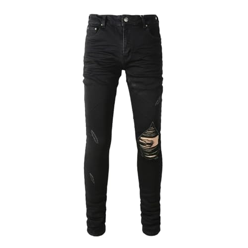 Jeans Pants Trousers Denim Men Stretch Tight Fit Slim Street Trendy Black Wear and Tear Hole Patch Casual Small Leg(Black,33)