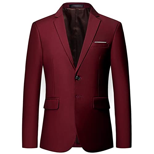 Mens Solid Slim Fit Blazer Jacket Two Button Notched Lapel Business Suit Classic Business Daily Party Sport Coat (Dark Red,Large)