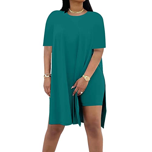 Image of AXOSY Women Plus Size 2 Piece Outfits | Short Sleeve Tunic Tops, Skinny Biker Shorts, Comfortable Tracksuits, Soft Summer Sets, Breathable Material