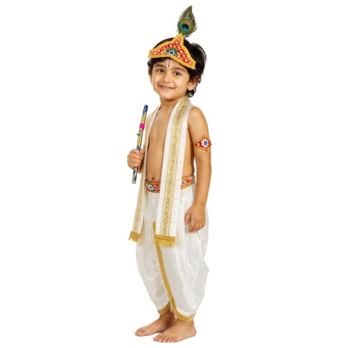 Image of Shri Krishna Costume Set - Ethnic Wear with Golden Jari Angavastram & Dhoti, Traditional Dress Set of 7 for Boys & Girls - Ideal for Janmashtami, Fancy Dress, and Festivals
