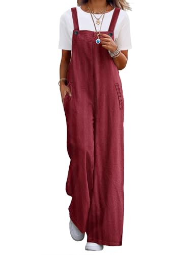 YESNO Women's Casual Corduroy Overalls Adjustable Straps Baggy Pants Wide Leg Jumpsuits with Pockets PC2