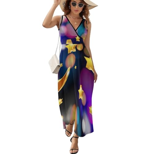 Robe longue d'été bohème chic à col V et imprimé lune pour tenue de plage fluide