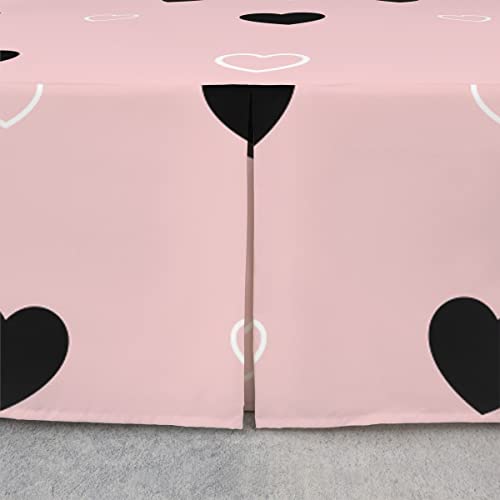 Girls Bed Skirt Full Size Cute Heart Pattern Bed Skirts Lovely Pink Black Bedskirt Cartoon Geometric Bedding Bed Skirt Girly Bedroom Decor Gift Modern Bedding Bed Skirt With 2 Pillow Cases #TOP3