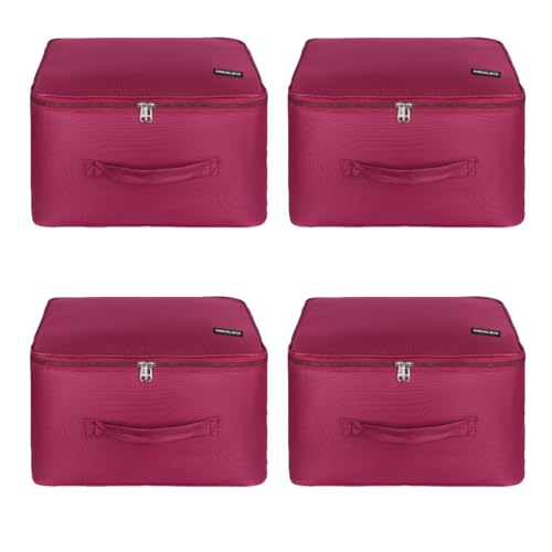 Image of M MEDLER Adex Nylon Wardrobe Organizer Bag | Moisture-Proof Clothes Storage Box & Saree Cover with Zipper & Handle | Square (Red, 38x38x24 cm) - PACK OF 4