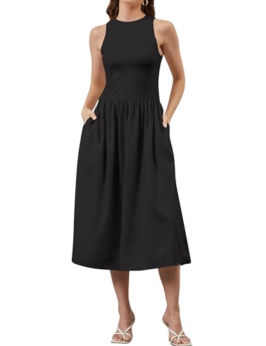 Image of TERIVEEK Women Summer Sleeveless Midi Dress Casual High Neck Patchwork Tank Sundress Boho Flowy A Line Dress with Pockets Black
