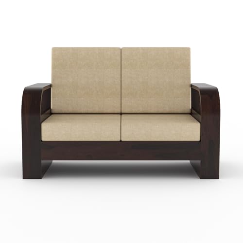Image of Sheesham Wood 2 Seater Sofa Set for Living Room Home Office Solid Wood Sofa Set Furniture Wooden Two Seater Sofa Set (Walnut,Cream)