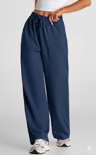 Image of Q - RIOUS Women's Wide Leg High Waisted Baggy Lounge Sweat Pants Drawstring Athletic Flared Joggers with Pockets