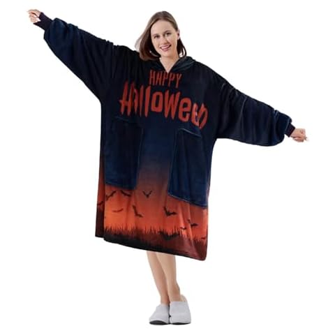 FestiCorp Halloween Blanket Hoodie for Adults - Oversized Wearable Sweatshirt with Giant Sleeve, Hood and Pocket, Cozy Hooded Blanket for Festival Gitfs, Halloween Bats Pattern Cover
