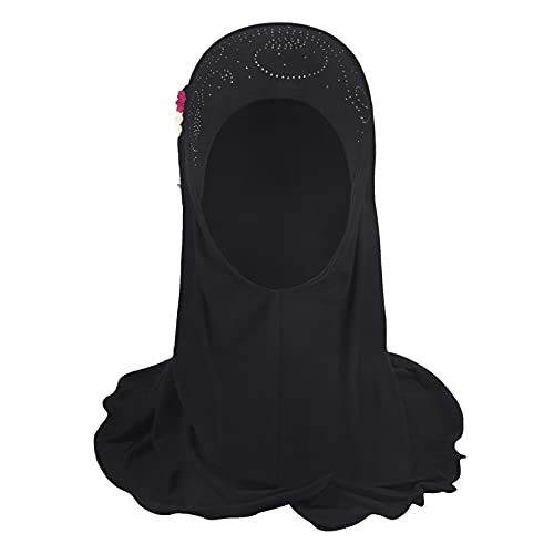 Girls Muslim Hijab Floral Lace Head Scarf Islamic Arab Scarf Shawls Head Wrap with Flowers Rhinestones for Girls2