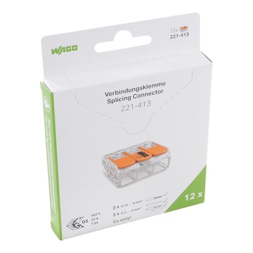 Image of WAGO 221-413 | 3-Conductor Wire Connector | Pack of 12 | Tool-Free, Trusted German Engineering - For Quick & Reliable Electrical Connections