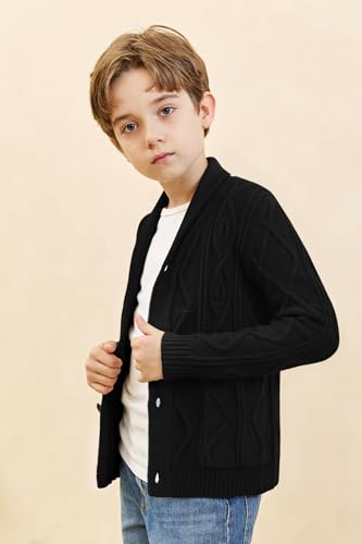 Boy's Sweater Cardigan Button Down Shawl Collar Cable Knitted Outwear Long Sleeve Sweater Coats with Pockets4