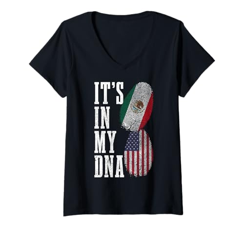 Femme Mexique USA It's In My DNA Mexican American Flag Pride T-Shirt avec Col en V