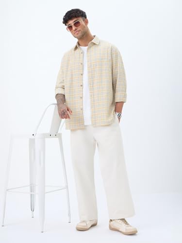 Image of The Souled Store: Blue Sails Men and Boys Long Sleeve Collared Neck Button Front Blue and Cream Checked Embroidered Regular Fit Cotton Linen Shirt