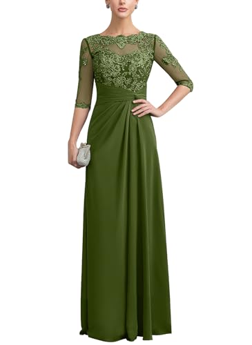 Women's Lace Mother of The Bride Dresses for Wedding Chiffon Ruched Long Formal Evening Dress with Sleeves