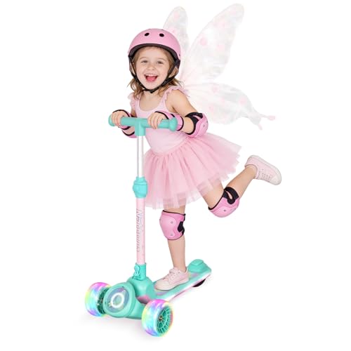 Nattork Kids Scooter with Light Up Wheels, Deck and Headlight, Wide Anti-Slip Deck and T-bar Handle with Rear Foot Brake, Adjustable Height 3 Wheel Scooter for Kids Ages 3+ and up to 220Lbs
