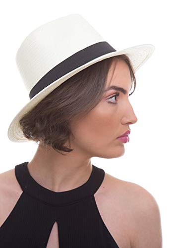 Chapéu Chapelaria Vintage Estilo Panamá Branco - Aba Média - Faixa Preta – P