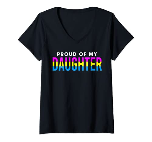 Femme Proud of My Daughter Pansexual Mom & Dad LGBT Pride T-Shirt avec Col en V