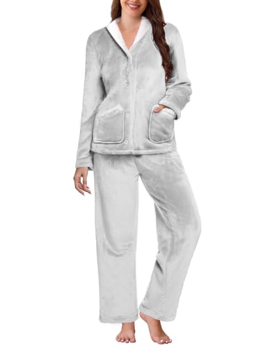 heekpek Women's Winter Flannel Fleece Pajama Sets Fluffy Button Down Pjs 2 Piece Plush Warm Sleepwear Loungewear with Pockets Light Grey