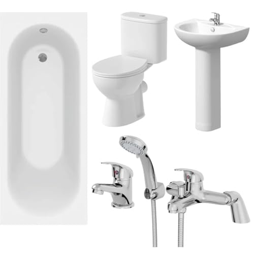 Image of Bathroom Suite 1600mm White Straight Bath Close Coupled Rimless Toilet WC Basin Sink Tap Shower Mixer