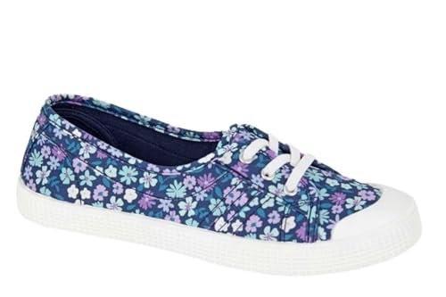 Dek Womens/Girls Low Cut Canvas Shoes/Slip On Pumps with Elastic Lace All White (Navy Floral, UK Footwear Size System, Adult, Women, Numeric, Medium, 5), Bal-01