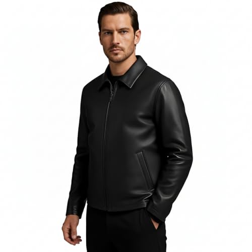 Image of Midnight Men's Premium Black Faux Leather Jacket with Front Zip Closure, Classic Collar, Sleek Minimal Design, Everyday Comfort and Timeless Style Fit