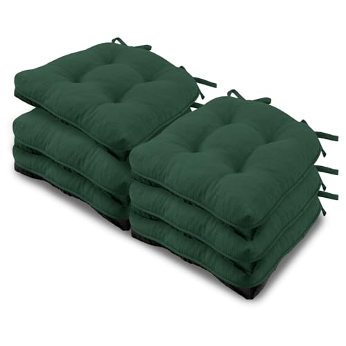 Basic Beyond Chair Cushions for Dining Chairs 6 Pack, Chair Cushion with Ties and Non Slip Backing, 15.5 x 15.5 inches Tufted Chair Pads for Dining Chairs, Forest Green