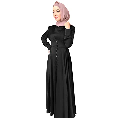 Women's Long Sleeve Maxi Dress Muslim Abaya Robe Plain Simple Modern Islamic Arabic Style Casual Dress Black