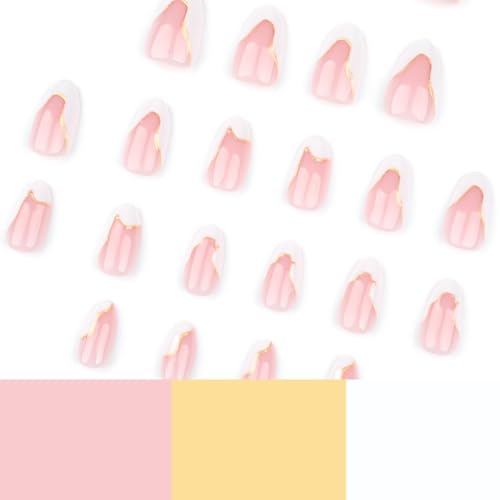 Image of White Nail Press ons French Tip Press on Nails Gold Line Fake Nails Short Almond False Nails Glossy Glue on Nails Reusable Artificial Acrylic Full Cover Stick on Nails for Women Girls Manicure 24Pcs