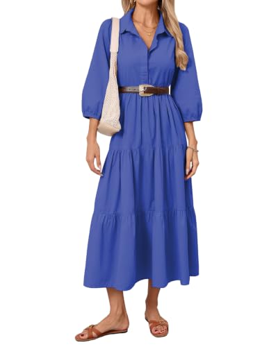 Image of Women Button Down Maxi Shirt Dress Long Sleeve Flowy Tiered Collared Dresses with Pockets