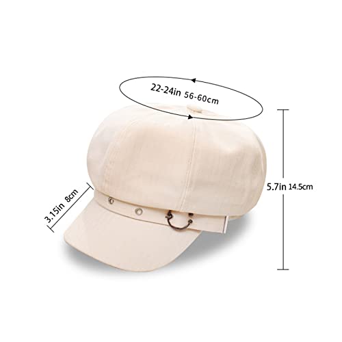 French Style Newsboy Hat For Women Vintage Striped Cabbie Beret Cap With Belt Buckle Fiddler Captain Newsie Baker Boy Hats (Beige) #TOP1