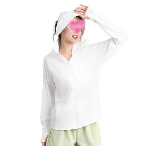 Womens UPF 50+ Sun Protection Hoodie Jacket, Sun Shirt for Women with Pocket Hiking Outdoor Lightweight Long Sleeve (White,Large)