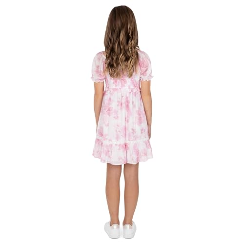 Speechless Girls' Smocked Floral Print Puff Sleeve Party Dress with Lace Trim2
