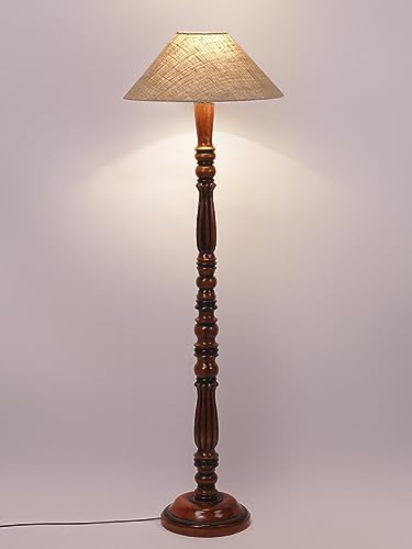 Image of Beaver Jute Shade Wooden Floor Lamp with Wooden Base, Height - 53 Inches | Contemporary Standing Lamp for Living Room, Bedroom & Office | Elegant Lighting for Stylish Home Interiors