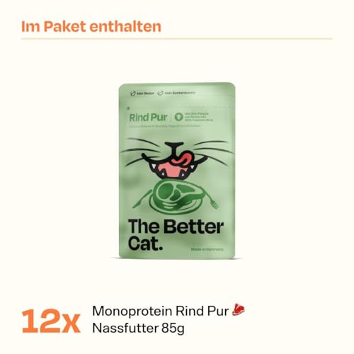 The Better Cat - Getreidefreies Nassfutter mit extra hohem Fleischanteil - Premium Katzenfutter ohne Getreide und ohne Zucker mit Präbiotika (Rind) 12x85g