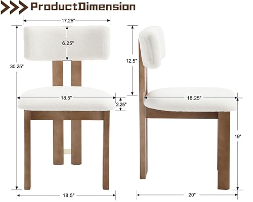 Image of HNY Modern Farmhouse Boucle Dining Chairs Set of 4, White Sherpa Fabric Upholstered Dining Room Kitchen Chairs with Natural Wood Frame & Curved-Back, Armless Accent Wood Chairs for Dining Living Room