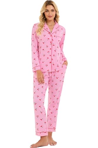 Image of LUBOT 100% Cotton Pajamas for Women Pajama Set 2 Piece PJ Sleepwear Set Soft Ladies Button Knit Long Sleeve Loungewear XS-XXL