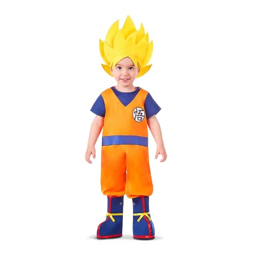 My Other Me - Disfraz para niño bebé de Goku con body, peluca textil y cubrebotas en azul y naranja talla 7-12 meses ¡Pequeño guerrero listo para la aventura!