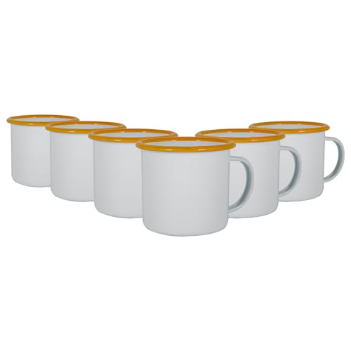 Argon Tableware White Enamel Mugs - 375ml - Yellow - Set of 6 Metal Drinking Cups Coffee Teacup Mug Set Hot, Cold Drinks Cups for Home, Kitchen, Dining, Travel, Camping, Hiking & Outdoor Use