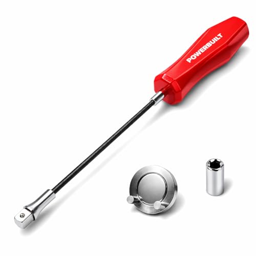 Powerbuilt Magnetic Oil Drain Plug Remover Tool Flexible Shaft for Easy Reach Hex Bit Magnet Adapter Hold and Remove Plugs - Red 942072