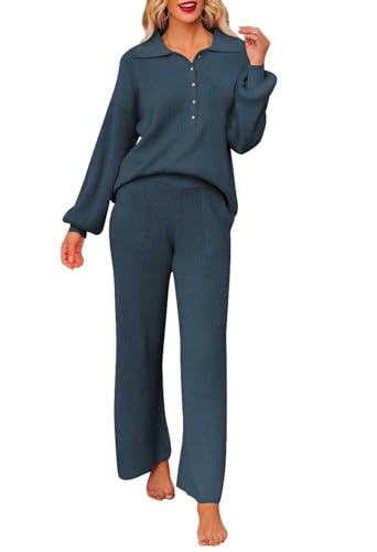 Image of Pink Queen Women's 2 Piece Outfit Sweater Set Long Sleeve Button Knit Pullover Top Wide Leg Pants Pocket Sweatsuit